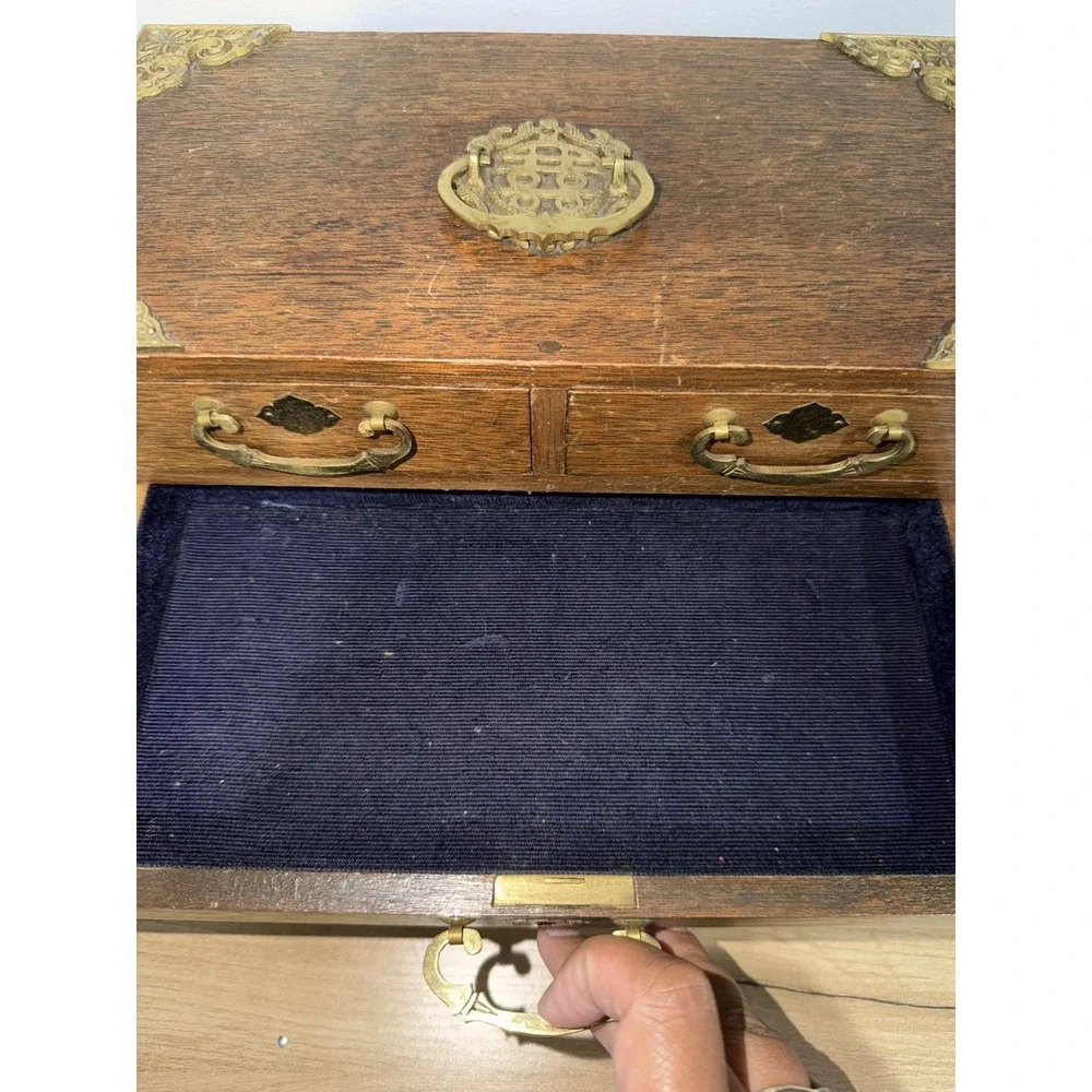 Vintage Brass Japan Tone Ornate Handles & Wood Jewelry Box Case Drawers